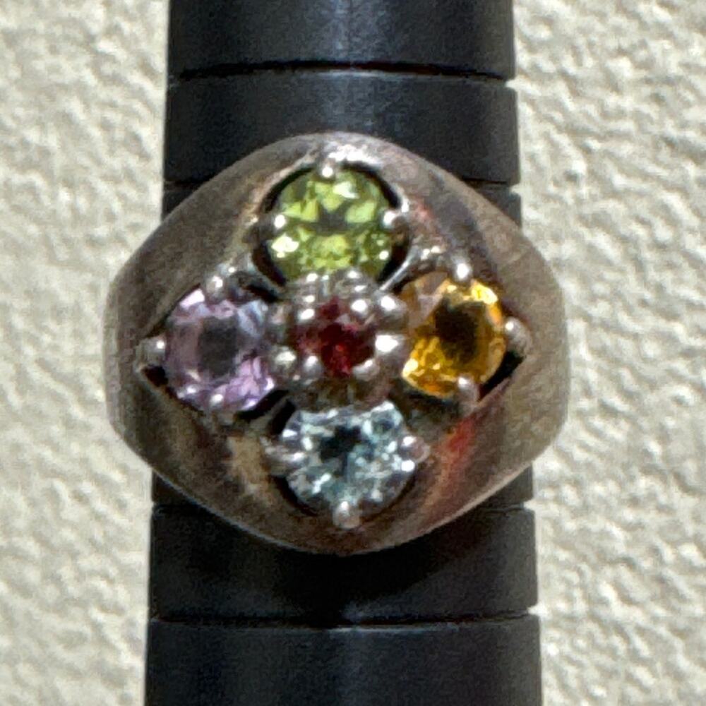 925 SS Multi Gemstone Ring Size 8 Garnet, Blue Topaz, Peridot, Amethyst Citrine
